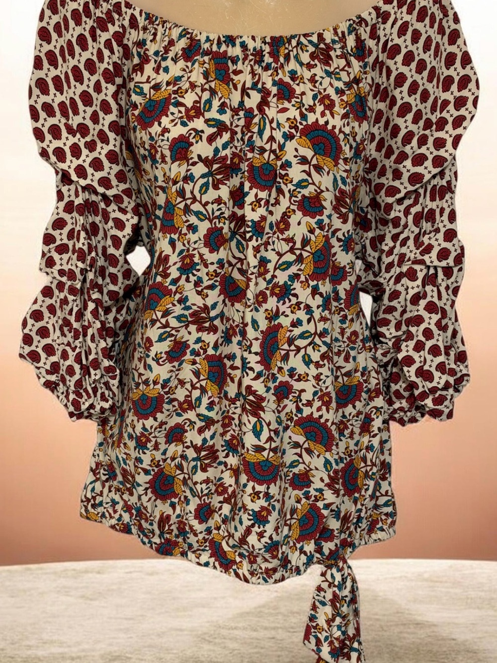 CeCe Floral Off-Shoulder Peasant Top in Ivory, Red, Blue